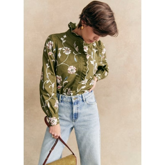 Sezane Tops - Sezane Coline Embroidered Flowers On Khaki Green Background Blouse Size 36 US 4